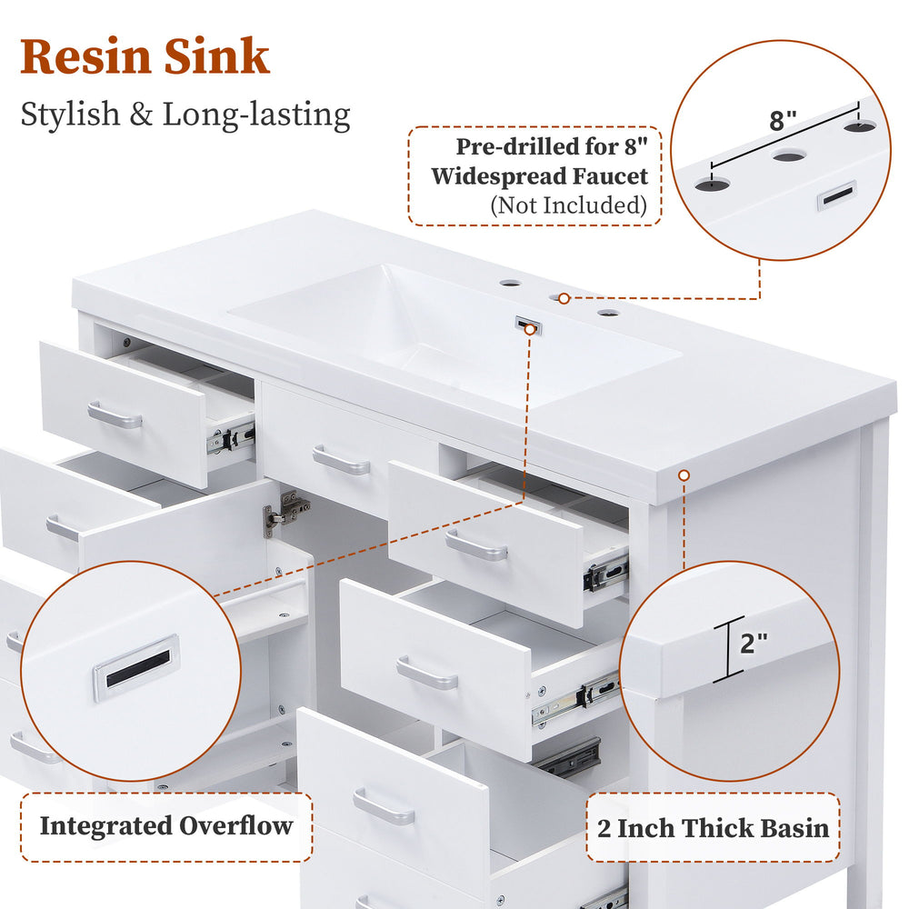 47.25" Modern Bathroom Vanity With Sink, Soft Close Single Door & 6 Drawers - White