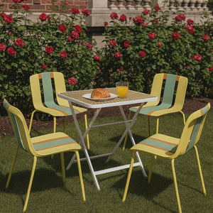 4 Piece Set Of Color Block Designed Single Chairs With Folding Square Table - Grain Yellow / Haze Green / Khaki / Tropical Orange / White