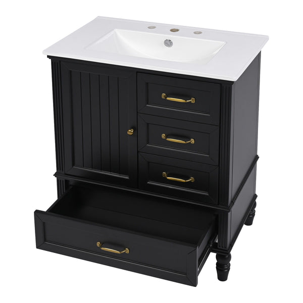 30" Bathroom Vanity With Sink, 3 Drawers, Adjustable Feet