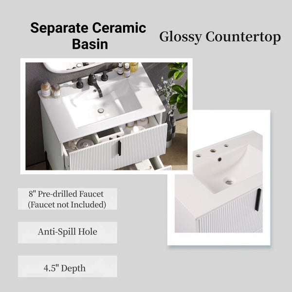 Bathroom Vanity With Ceramic Sink, Fluted Design