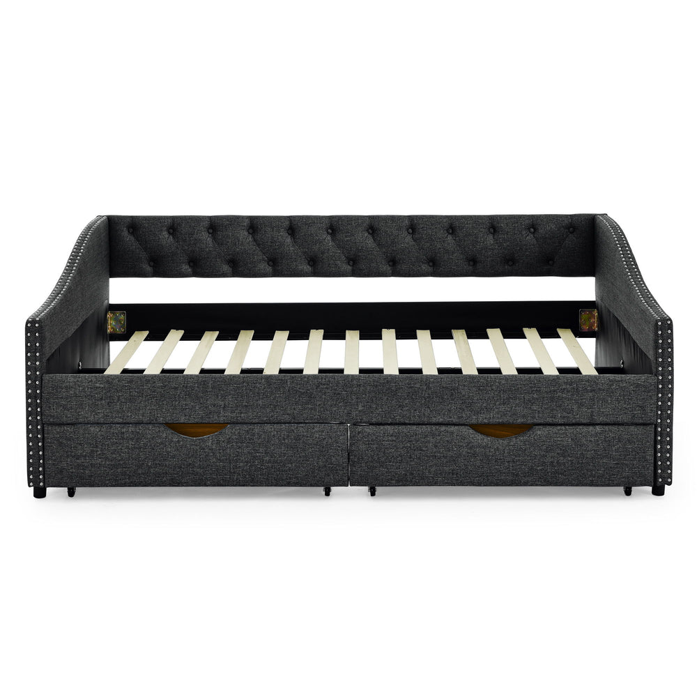 Full Size Upholstered Daybed With Tufted Back And Nail Trimmed Waved Arms - Dark Gray