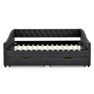 Full Size Upholstered Daybed With Tufted Back And Nail Trimmed Waved Arms - Dark Gray