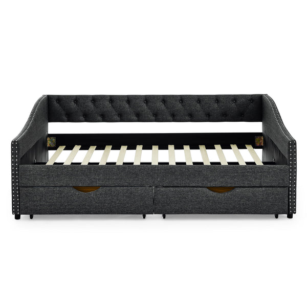 Full Size Upholstered Daybed With Tufted Back And Nail Trimmed Waved Arms - Dark Gray