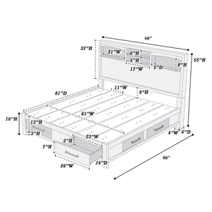 Transitional Bed With Smooth Gliding Drawers, Built In Lights, Open Headboard Shelves
