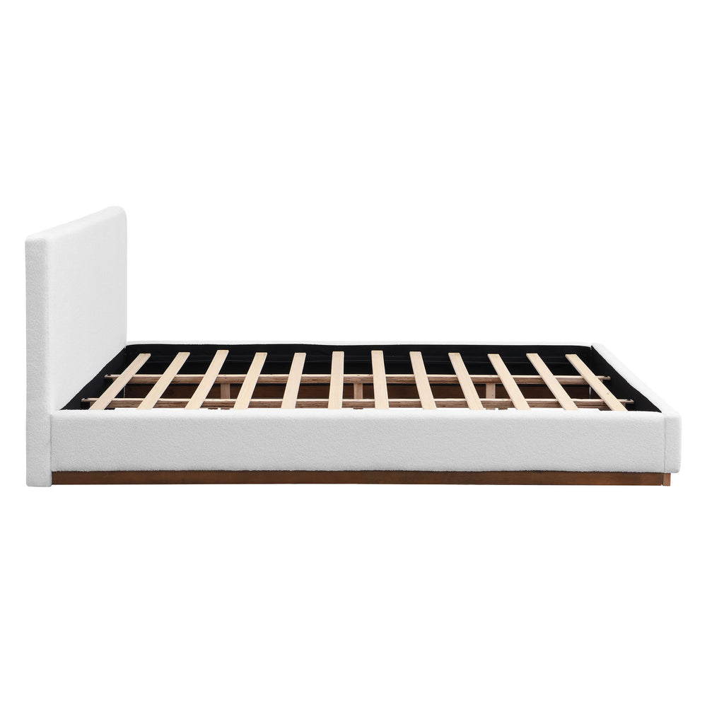 Elegant Boucle Upholstered Bed With Wood Grain Textured Solid Wood Base Frame