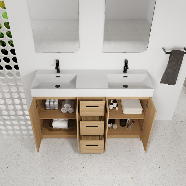 Double Sink Bathroom Vanity With 3 Drawers, Large Storage, Integrated Sink, Freestanding Cabinet, Soft Close Hardware - Glossy White / Light Oak
