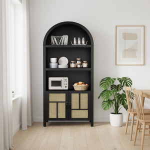 Arched Pantry Cabinet With Adjustable Storage & Doors - Black