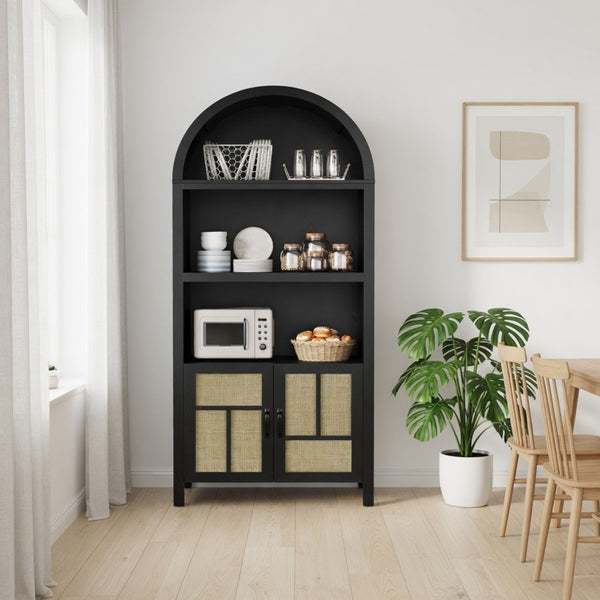 Arched Pantry Cabinet With Adjustable Storage & Doors - Black