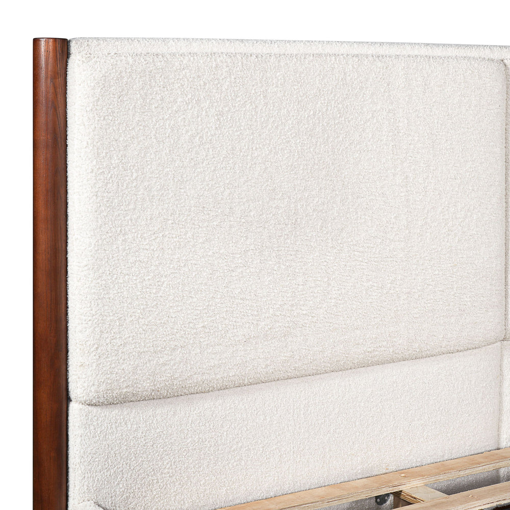 King Upholstered Bed Frame, No Box Spring Needed - Walnut / White