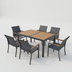 7 Piece Gray Aluminum Patio Dining Set With Textilene Chairs For Outdoor Living Frame With Accents, 59" Rectangle Table, All Weather Durable