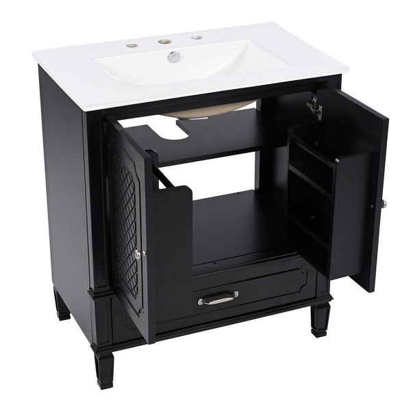 Vintage Style 30" Bathroom Vanity With Sink, Multi Functional Storage, Soft Closing Door - Black
