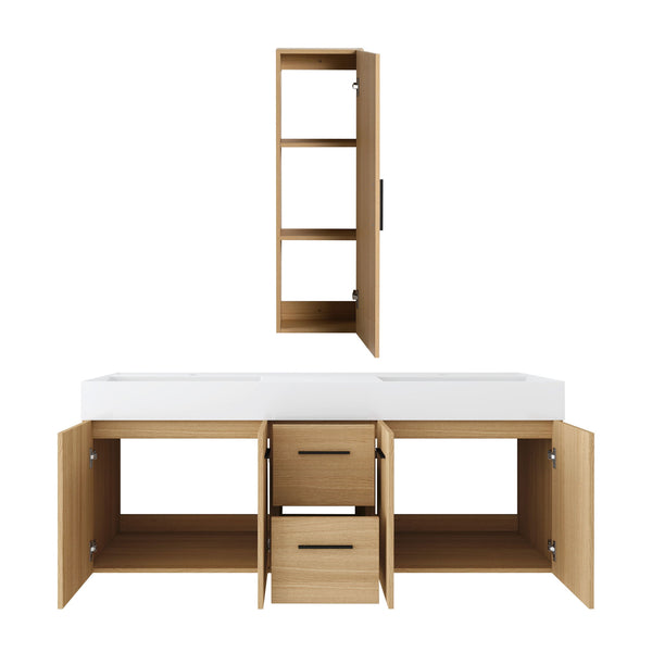 Floating Double Sink Bathroom Vanity Set With Tall Linen Cabinet, Drawers And Doors, Extra Large Storage, Integrated Sink, Soft Close Hardware - Glossy White / Light Oak
