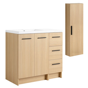 Freestanding Bathroom Vanity Set With Tall Linen Cabinet, 3 Drawers And Large Storage, Single Sink