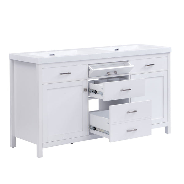 Double Sink Bathroom Vanity With Top, Soft Closing Doors & Drawers, Tip Out Drawer, 2 Cabinet Doors, Adjustable Shelf - White