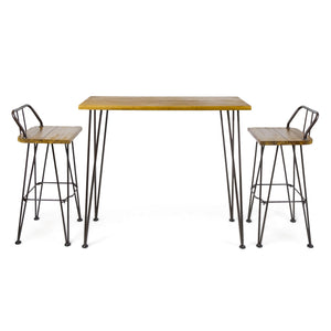Dione Outdoor Industrial Acacia Wood Bar Set With Metal Frame And Slat Paneling - Brown