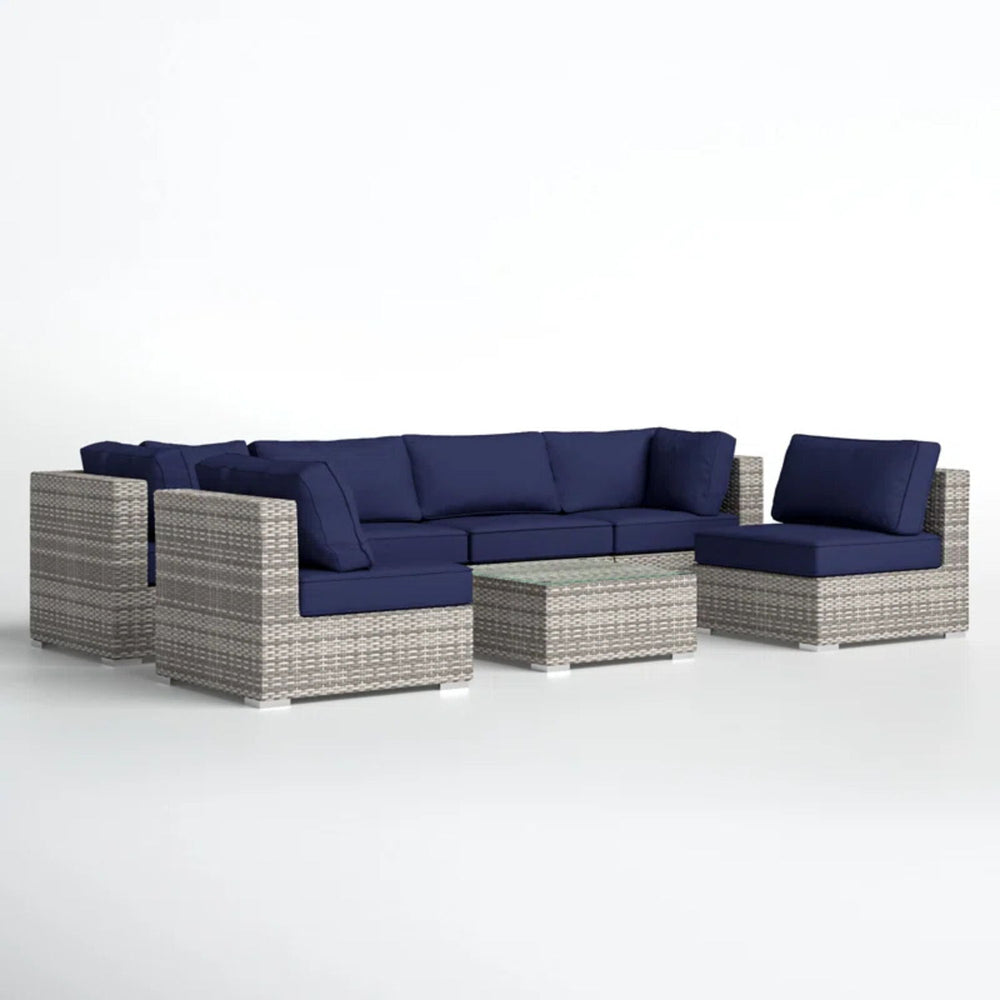 6 Person Patio Set With Premium Cushions And Rattan Wicker Frame - Dark Blue / Gray Mix