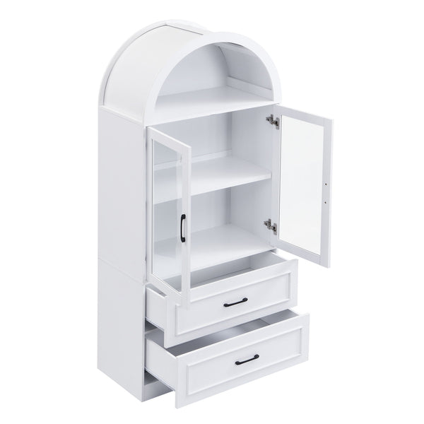 Arched Top Storage Cabinet With Fixed 2 Tier Shelves, 2 Large Drawers