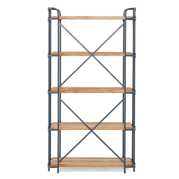 Yorktown - Industrial 5 Shelf Bookcase With Metal Pipework And Solid Fir - Natural