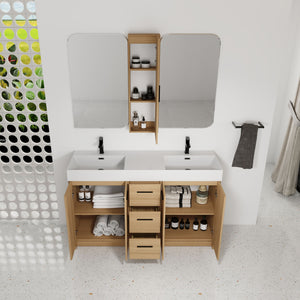 Double Sink Bathroom Vanity Set With Tall Linen Cabinet, 3 Drawers, Extra Large Storage, Integrated Sink, Freestanding Cabinet - Light Oak / White