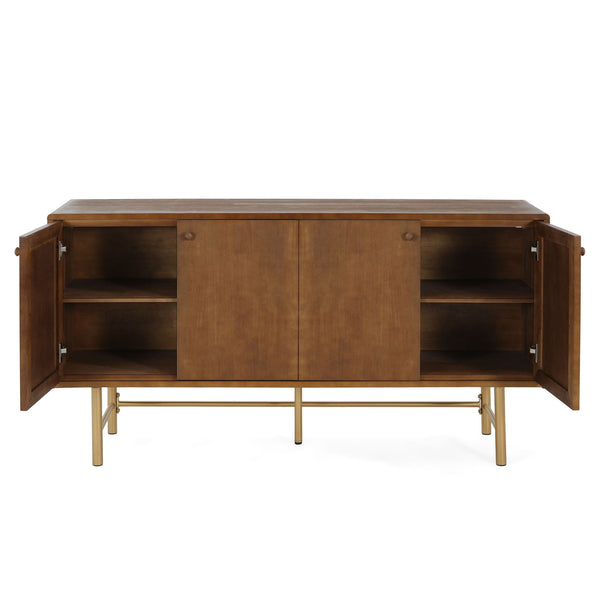 Modern Scandinavian 4 Door Sideboard Storage Cabinet With Adjustable Shelves - Brown / Gold