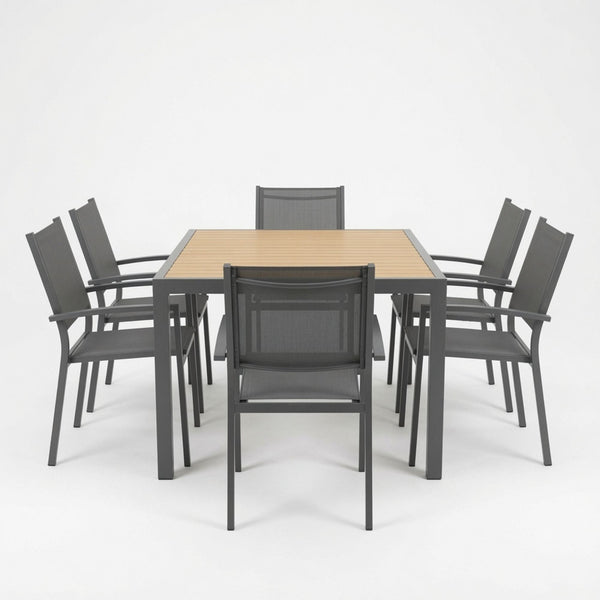 7 Piece Gray Patio Dining Set With Hdps Table And Textilene Chairs For Outdoor Use, Metal Furniture