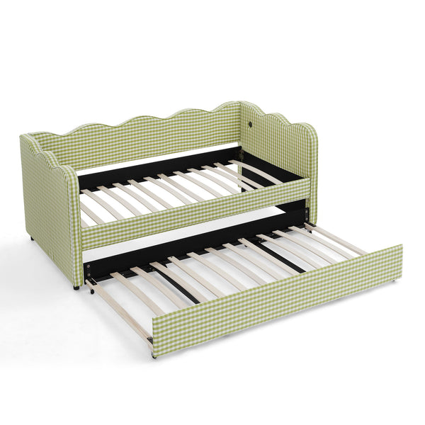 Gingham Daybed With USB Charging Port, Wave-Shaped Design