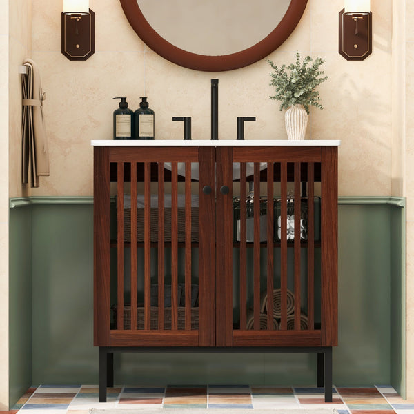 30" Vintage Bathroom Vanity With Ceramic Sink, Modern Bathroom Vanity Cabinet With 2 Soft Close Doors, Equpiied With 4 Sturdy Iron Legs - Antique Dark Brown