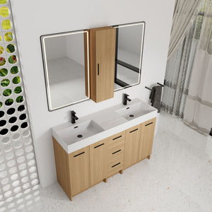 Double Sink Bathroom Vanity Set With Tall Linen Cabinet, 3 Drawers, Extra Large Storage, Integrated Sink, Freestanding Cabinet - Light Oak / White