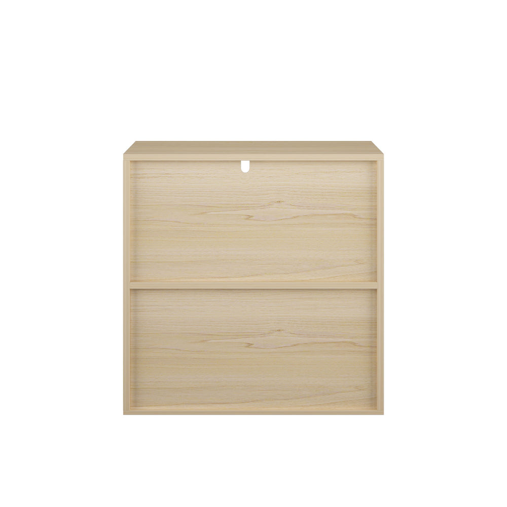 Storage Cabinet With Sliding Doors, 2 Tier Open And Closed Shelves Organizer - Natural / White