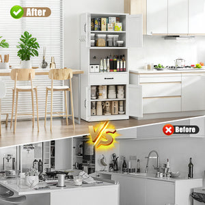 Kitchen Pantry Cabinet With Adjustable Shelves, Drawers, Hooks And Large Countertop - White
