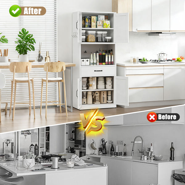Kitchen Pantry Cabinet With Adjustable Shelves, Drawers, Hooks And Large Countertop - White