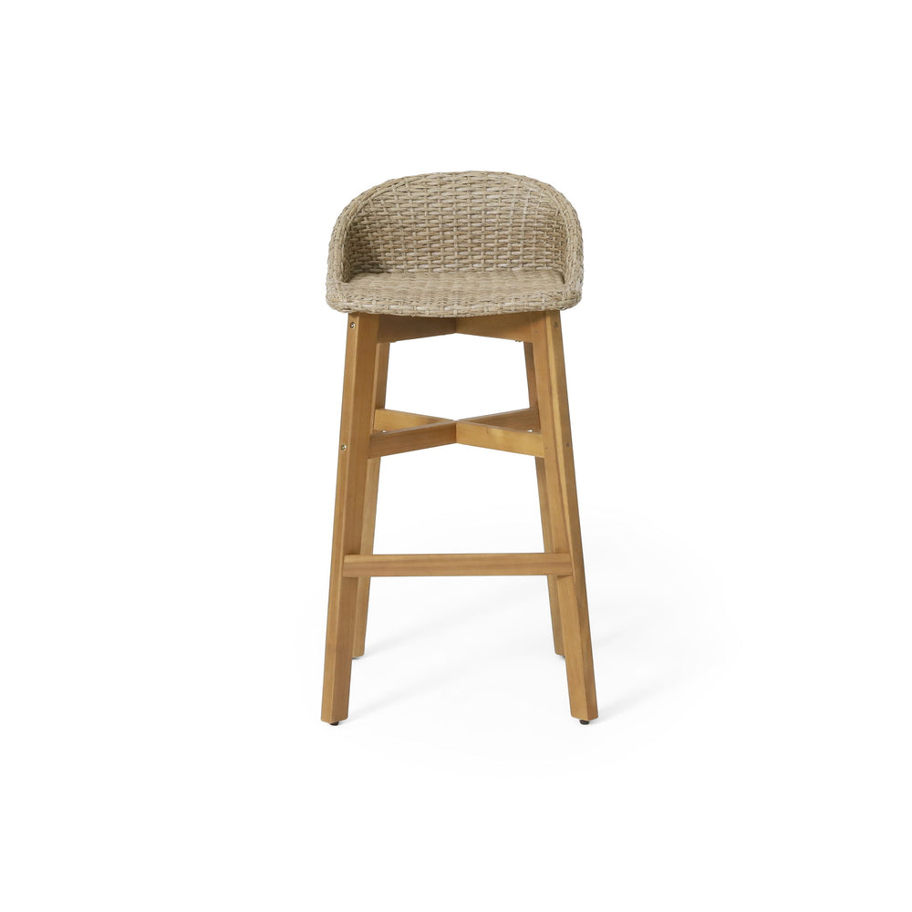 Beeson - Outdoor Wicker And Acacia Wood Barstools Set, Water Resistant - Brown