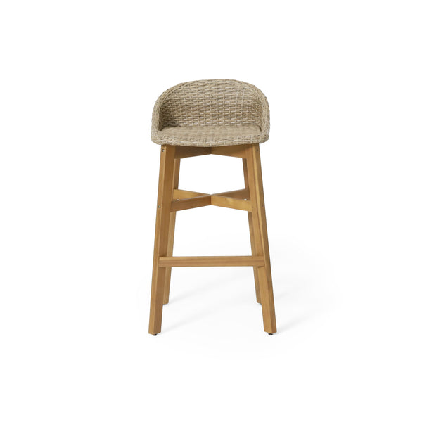 Beeson - Outdoor Wicker And Acacia Wood Barstools Set, Water Resistant - Brown