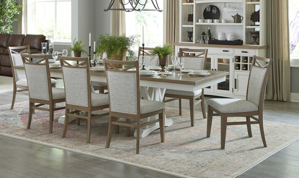 Americana Modern Dining - Extendable Trestle Table With 8 Upholstered Chairs - Cotton