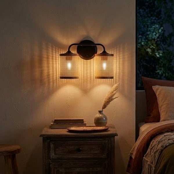 Quell - Double Light Vanity With Natural Shade Wall Lamp - Black / Rattan
