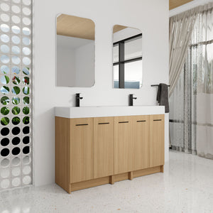Double Sink Bathroom Vanity With Extra Large Storage, Integrated Sink, Freestanding Cabinet, Soft Close Doors - Glossy White / Light Oak