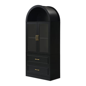 Arched Top Storage Cabinet With Fixed 2 Tier Shelves, 2 Large Drawers