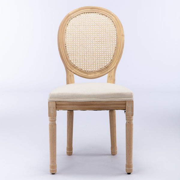 French Style Solid Wood Frame Antique Painting Fabric Rattan Back Dining Chair (Set of 2)