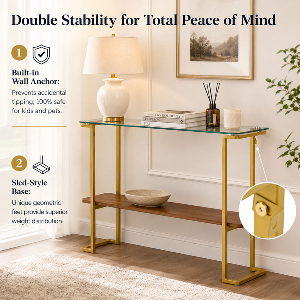 Console Table With Shelf, 2 Tier Living Room - Gold / Walnut