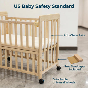 Portable Bedside Bassinet With 3 Adjustable Heights, Mini Crib For Newborns - Natural Wood