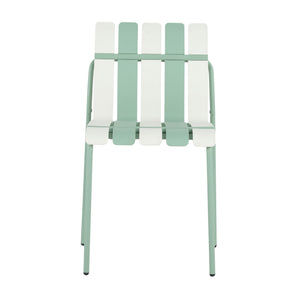 4 Piece Set Of Striped Color Blocking Single Chairs With Long Table - Cream White / Haze Green / White