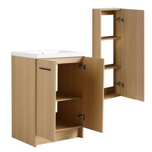 Freestanding Bathroom Vanity Set With Tall Linen Cabinet, Single Sink, Extra Storage, Soft Close Doors - Glossy White / Light Oak