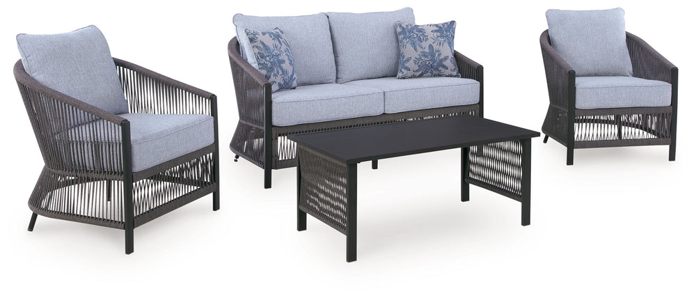 Bridges Beach - Loveseat, Lounge Chairs, Table Set (Set of 4) - Gray