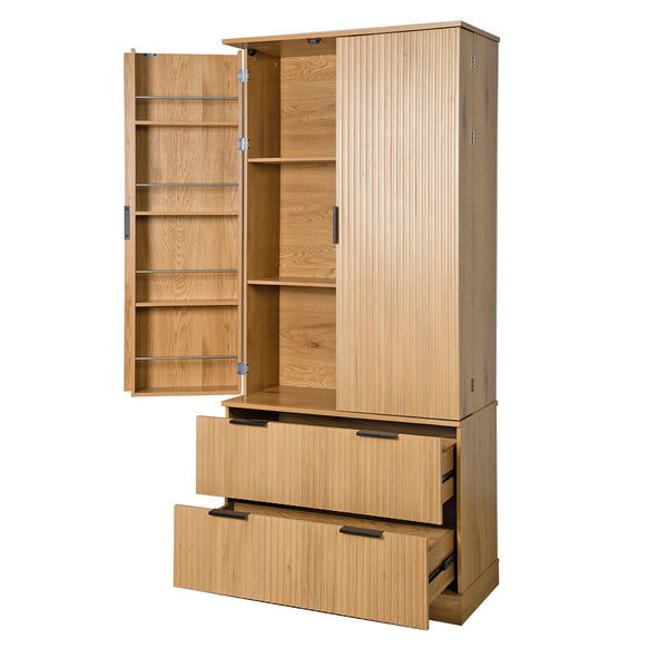 Fluted Kitchen Pantry Cabinet With 2 Large Drawers & 8 Door Spice Rack Freestanding Storage Organizer - Oak