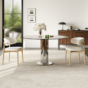 Round Dining Table & Tempered Glass Top - Brown