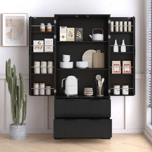 Fluted Kitchen Pantry Cabinet With 2 Large Drawers & 8 Door Spice Rack Freestanding Storage Organizer - Black