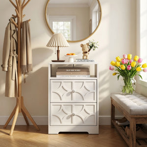 Nightstand With Diamond Carvings Handles, 2 Drawers & Charging Station