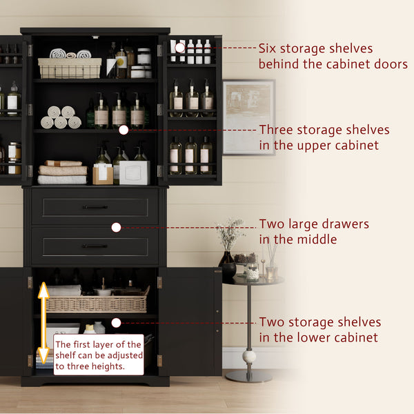 Storage Cabinet With Adjustable Shelves, 2 Drawers, Doors