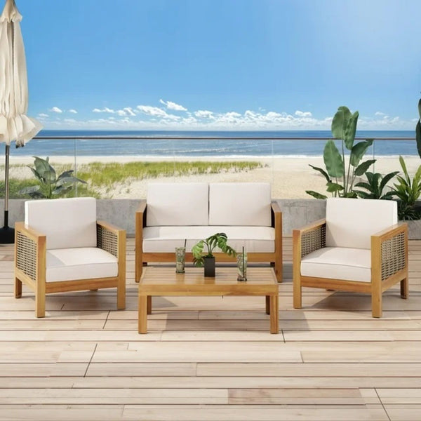 Outdoor 4 Seater Acacia Wood Chat Set With Wicker Accents And Cushions - Teak / Mixed Brown / Beige