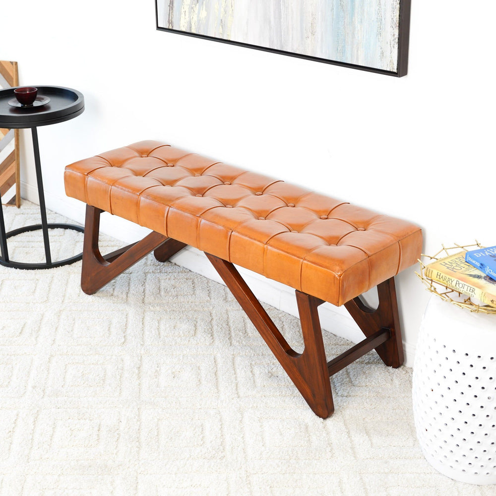 Mia - Bench With Buttons - Brown / Rustic